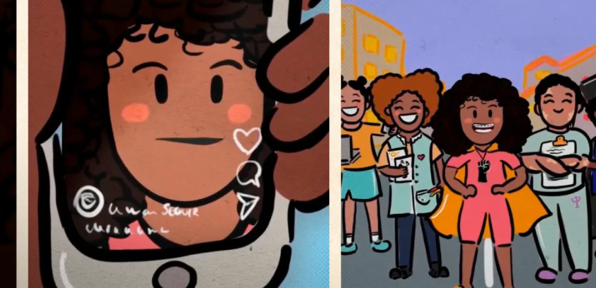 Ilustrações de uma menina negra. No primeiro quadro, a imagem dela aparece na tela de um celular. No segundo, ela está com uma capa de heroína e aparece no centro de uma foto com amigos.